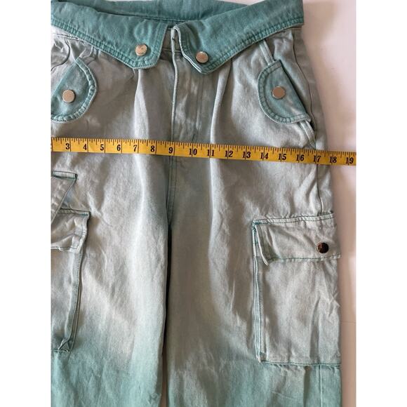 Creative Design Baggy Wide Leg Pants Women L Two Tone Green Cargo Y2K Skater - Picture 8 of 15